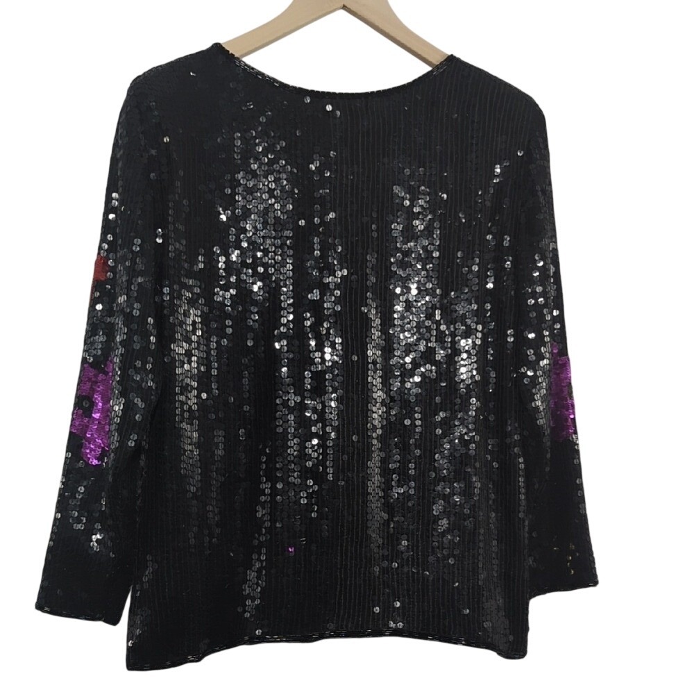 Vintage 80's Sequin Puzzle Piece Silk Colorful Blouse Glass Bead RARE Autism Med - Picture 11 of 16